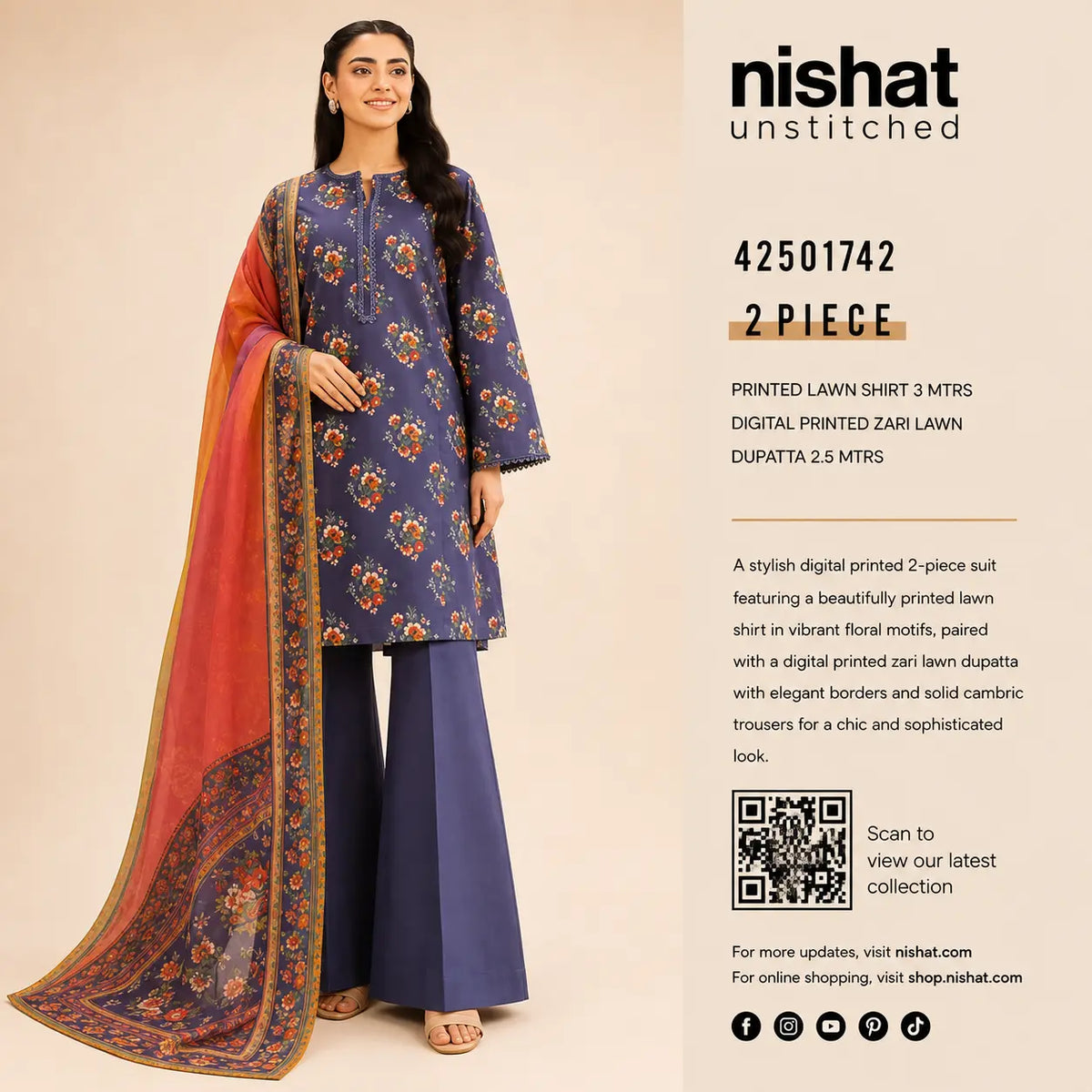 Nishat Unstitched 2-Piece Printed Lawn Suit with Zari Lawn Dupatta
