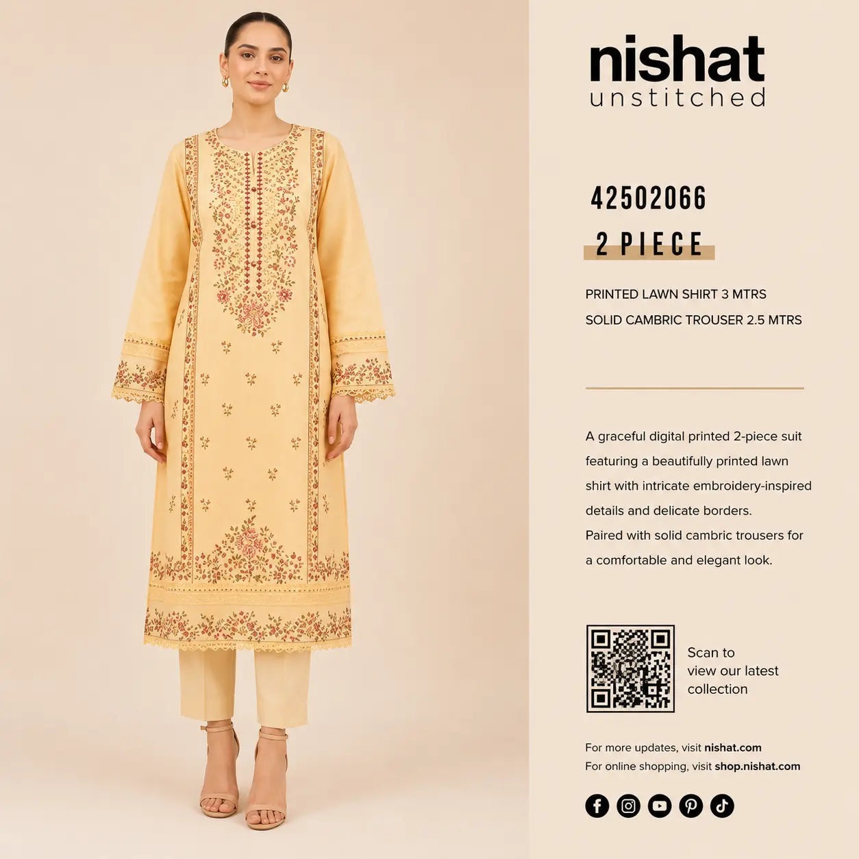 Nishat Unstitched 2-Piece Printed Lawn Suit (Shirt & Solid Cambric Trouser)