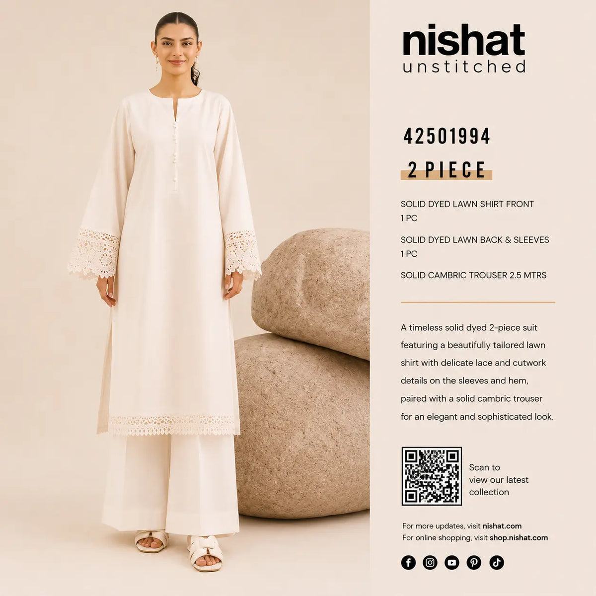 Nishat Unstitched 2-Piece Solid Dyed Lawn Suit (Shirt & Solid Cambric Trouser)