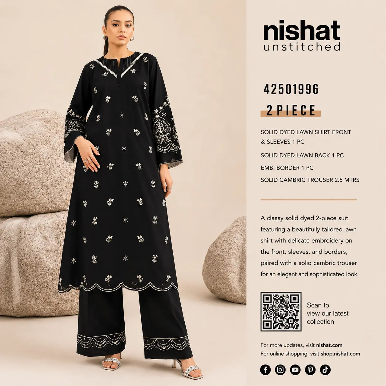 Nishat Unstitched 2-Piece Embroidered Solid Dyed Lawn Suit (Shirt & Solid Cambric Trouser)
