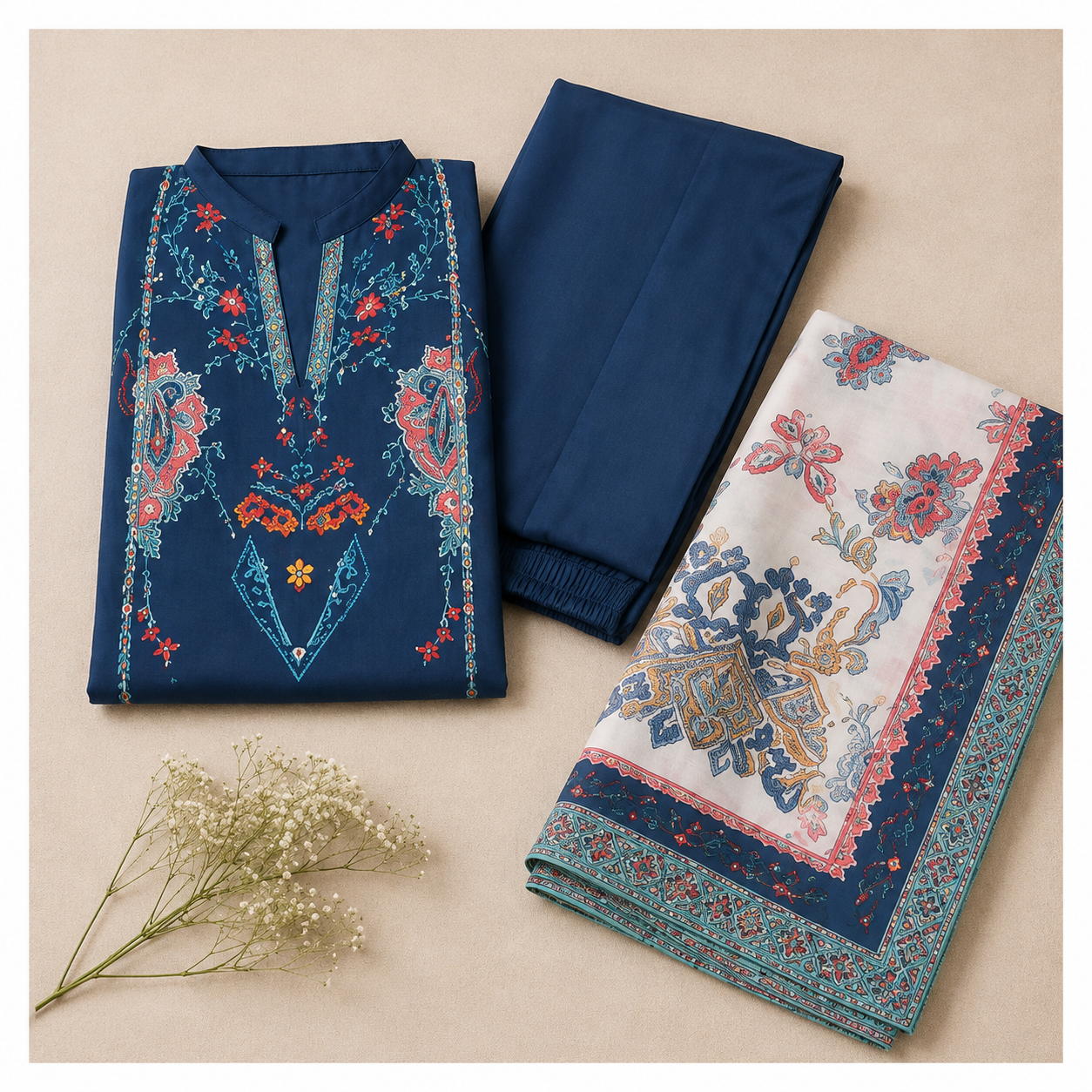 Sulé Premium Navy Blue 3 Piece Unstitched Printed Lawn Suit – Design No. 009