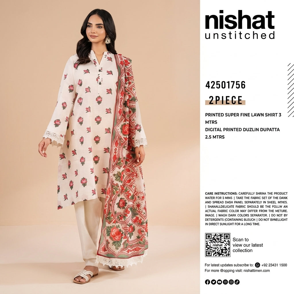 Nishat Unstitched 2-Piece Printed Super Fine Lawn Suit with Digital Printed Duzlin Dupatta (Shirt & Dupatta)