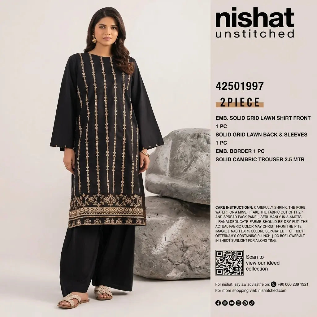 Nishat Unstitched 2-Piece Embroidered Solid Grid Lawn Suit (Shirt & Solid Cambric Trouser)