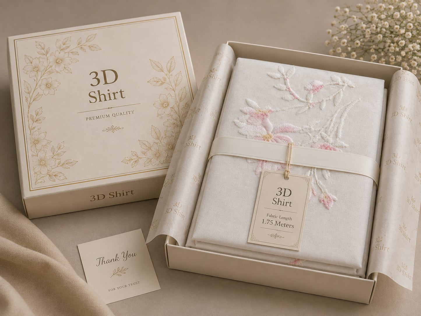 Premium 3D Shirt Fabric – Elegant Floral Embroidery Collection Unstitched Shirt Fabric – Premium Quality | Fabric Length 1.75 Meters
