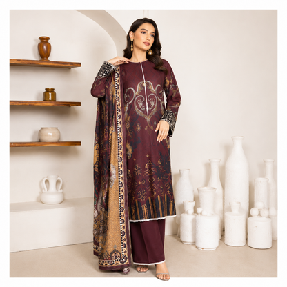 Sulé Premium Burgundy 3 Piece Unstitched Printed Lawn Suit - Design 06