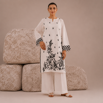 Elegant White Embroidered 2-Piece Suit with Black Floral Detailing