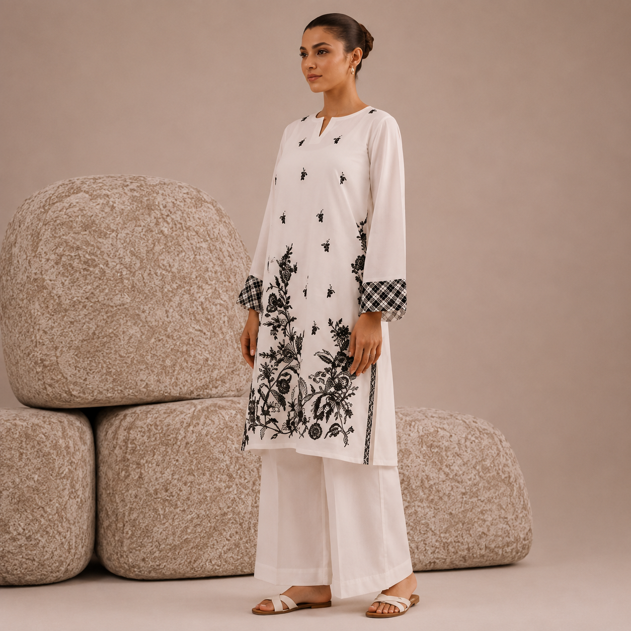 Elegant White Embroidered 2-Piece Suit with Black Floral Detailing