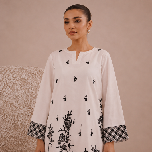 Elegant White Embroidered 2-Piece Suit with Black Floral Detailing