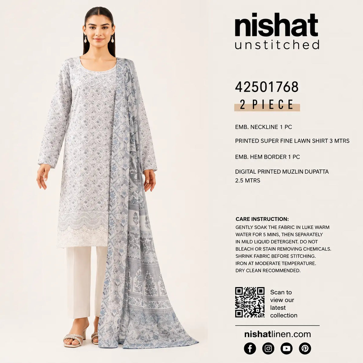 Nishat Linen 2 Piece Printed Super Fine Lawn Suit with Digital Printed Muzlin Dupatta – White & Blue