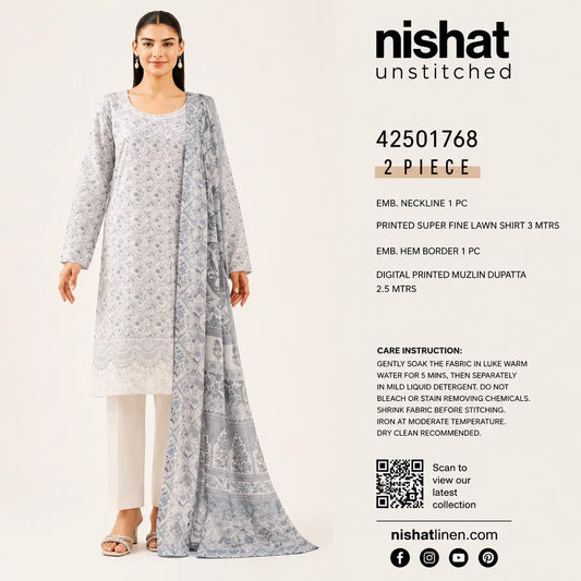 Nishat Linen 2 Piece Printed Super Fine Lawn Suit with Digital Printed Muzlin Dupatta – White & Blue