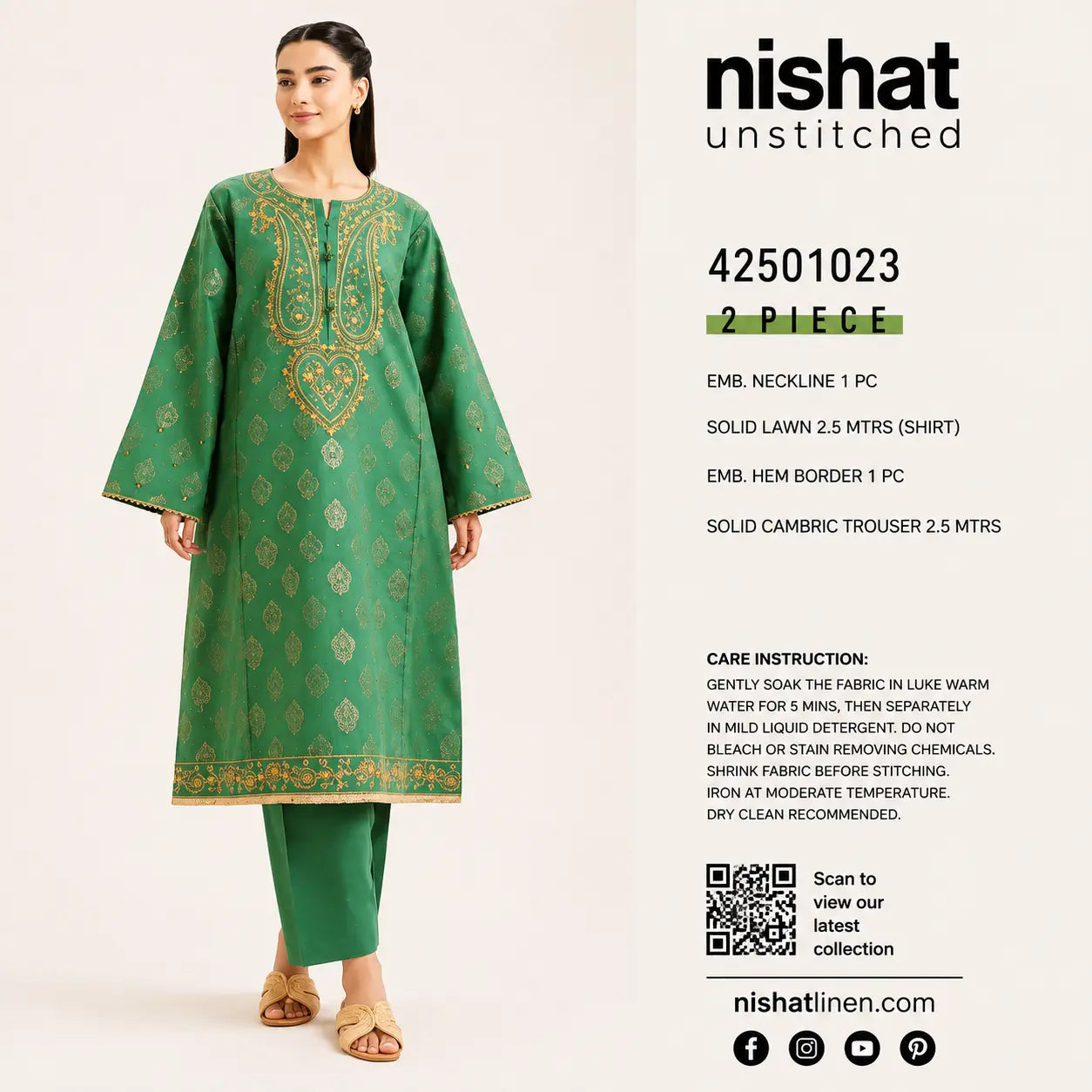 Nishat Linen 2 Piece Embroidered Lawn Suit – Green & Gold