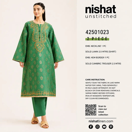 Nishat Linen 2 Piece Embroidered Lawn Suit – Green & Gold