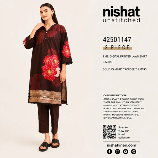 Nishat Linen 2 Piece Embroidered Digital Printed Lawn Suit – Brown & Red Floral