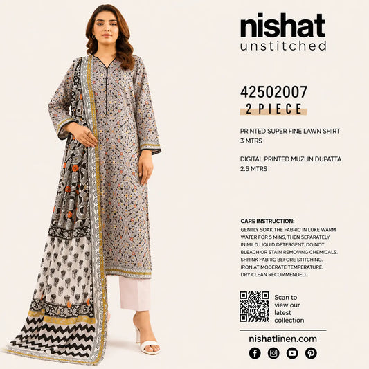 Nishat Linen 2 Piece Printed Super Fine Lawn Suit with Digital Printed Muzlin Dupatta – Black & Grey