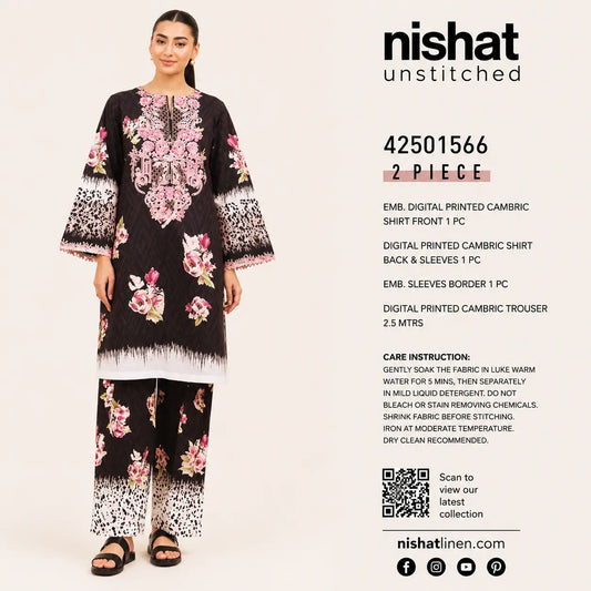 Nishat Linen 2 Piece Embroidered Digital Printed Cambric Suit – Black & Pink