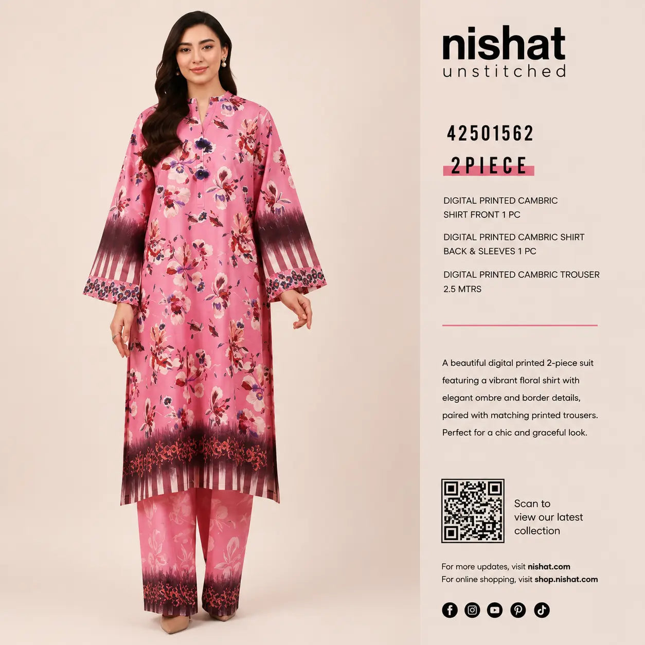 Nishat Unstitched 2-Piece Digital Printed Cambric Suit – Floral Pink