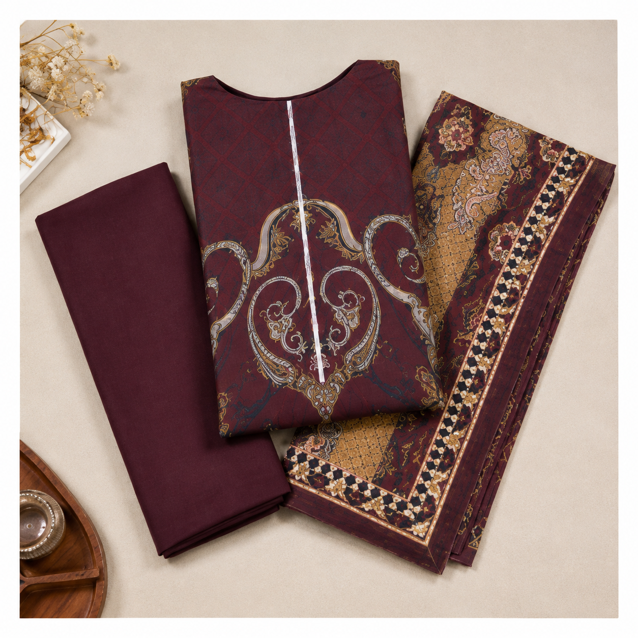 Sulé Premium Burgundy 3 Piece Unstitched Printed Lawn Suit - Design 06
