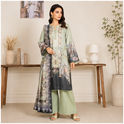 Sulé Premium Pastel Sage Green 3 Piece Unstitched Printed Lawn Suit – Design No. 011