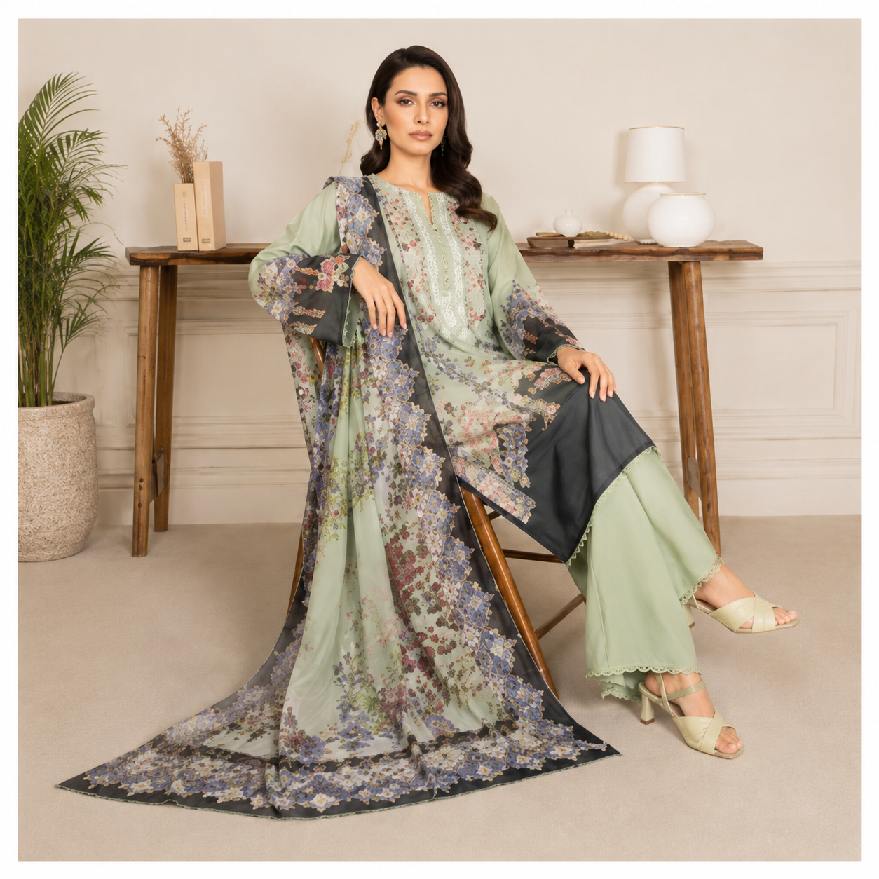 Sulé Premium Pastel Sage Green 3 Piece Unstitched Printed Lawn Suit – Design No. 011