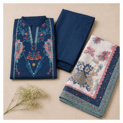 Sulé Premium Navy Blue 3 Piece Unstitched Printed Lawn Suit – Design No. 009
