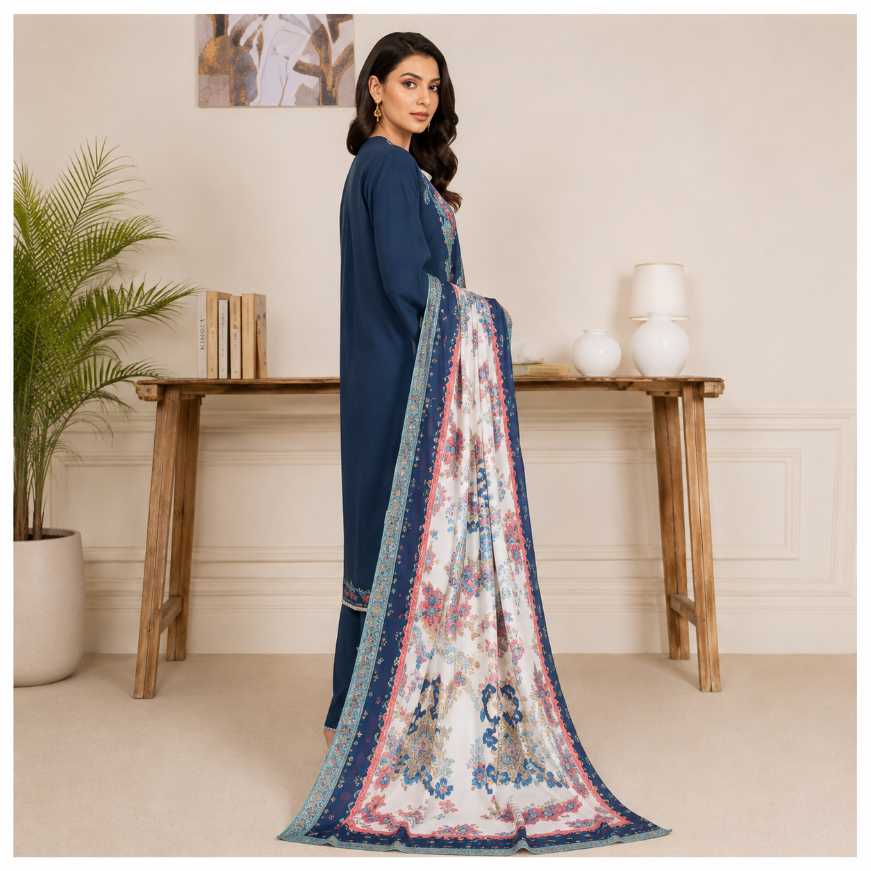 Sulé Premium Navy Blue 3 Piece Unstitched Printed Lawn Suit – Design No. 009