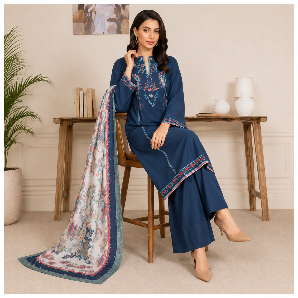 Sulé Premium Navy Blue 3 Piece Unstitched Printed Lawn Suit – Design No. 009