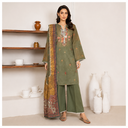 Sulé Premium Olive Green 3 Piece Unstitched Printed Lawn Suit – Design No. 008