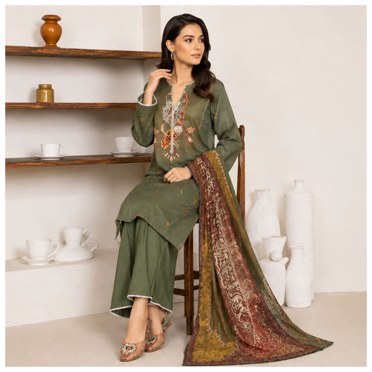 Sulé Premium Olive Green 3 Piece Unstitched Printed Lawn Suit – Design No. 008