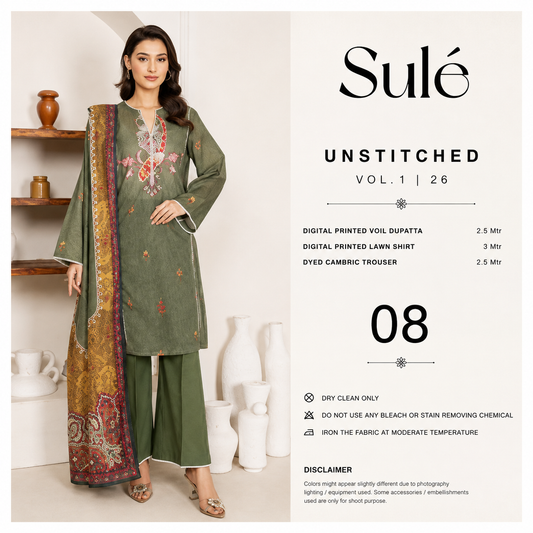 Sulé Premium Olive Green 3 Piece Unstitched Printed Lawn Suit – Design No. 008