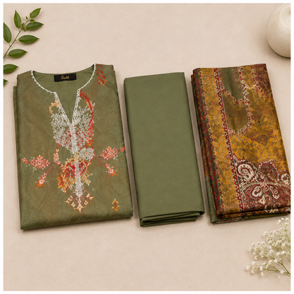Sulé Premium Olive Green 3 Piece Unstitched Printed Lawn Suit – Design No. 008