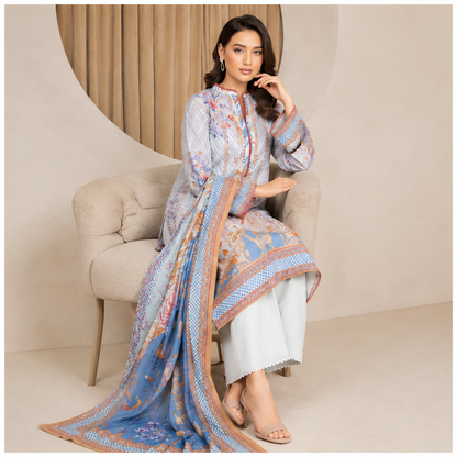 Sulé Powder Blue 3-Piece Unstitched Digital Printed Lawn Suit with Voile Dupatta – Design 01