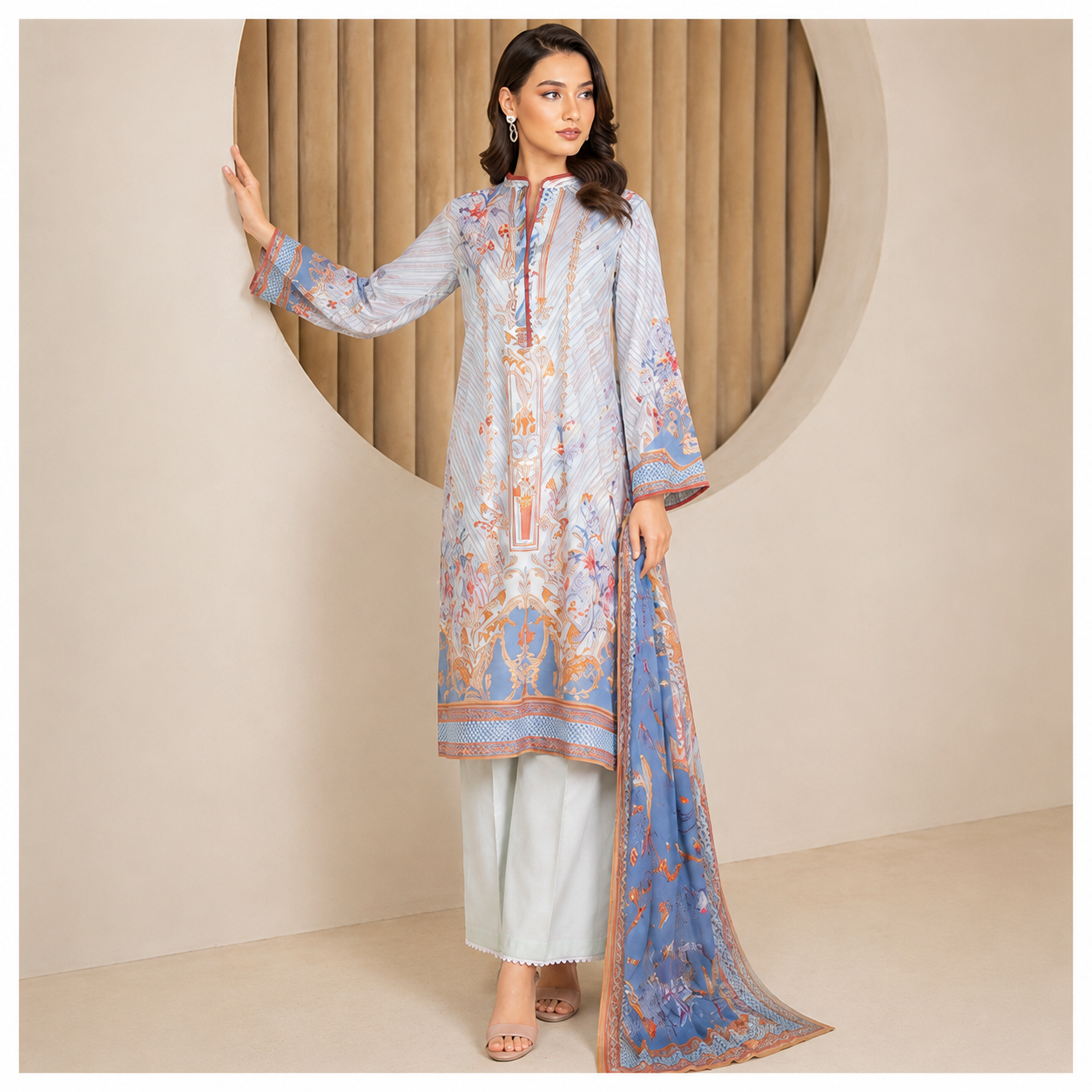Sulé Powder Blue 3-Piece Unstitched Digital Printed Lawn Suit with Voile Dupatta – Design 01
