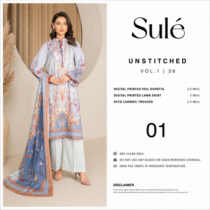 Sulé Powder Blue 3-Piece Unstitched Digital Printed Lawn Suit with Voile Dupatta – Design 01