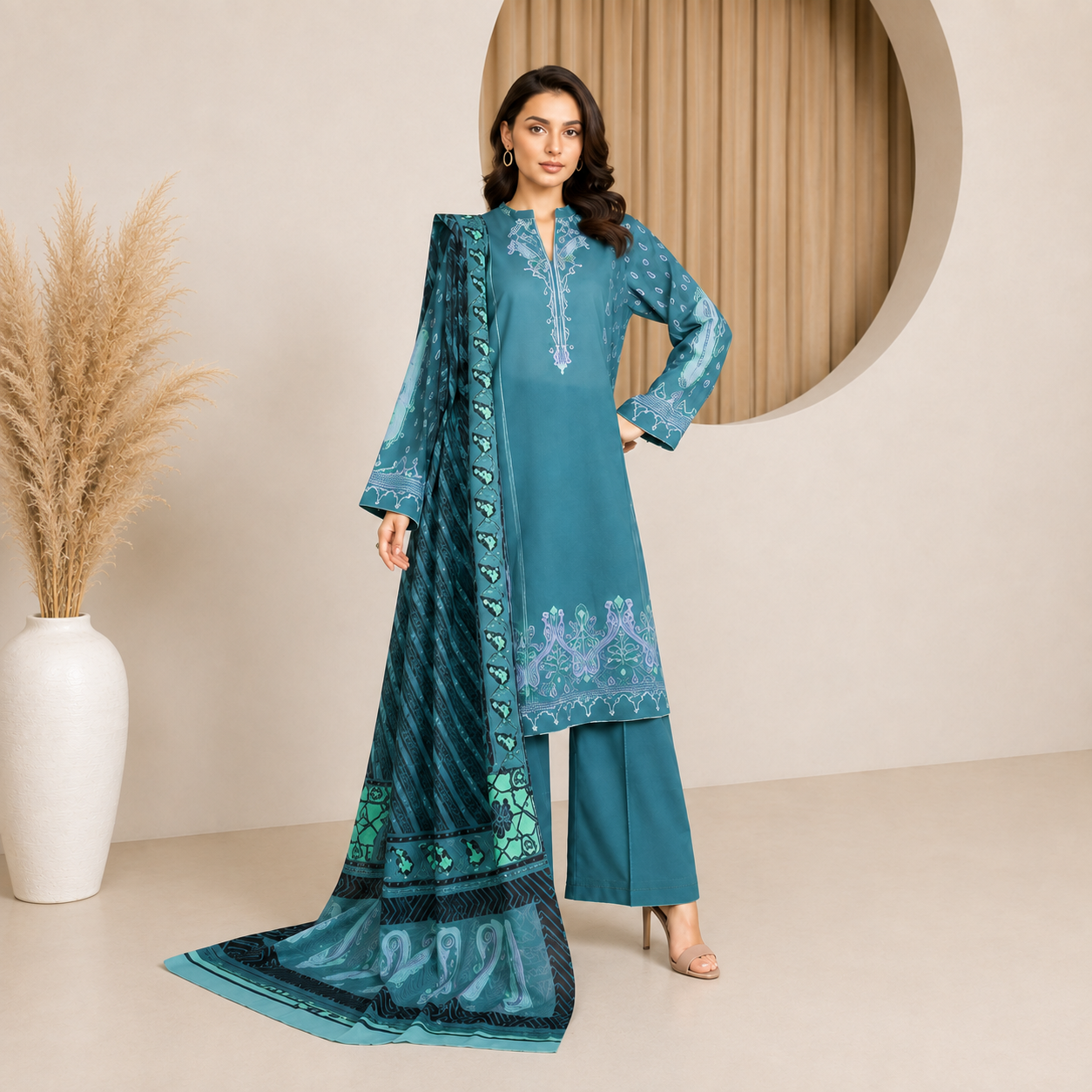 Sulé Premium Teal Digital Printed Lawn Unstitched 3 Piece Suit with Printed Voile Dupatta & Dyed Cambric Trouser