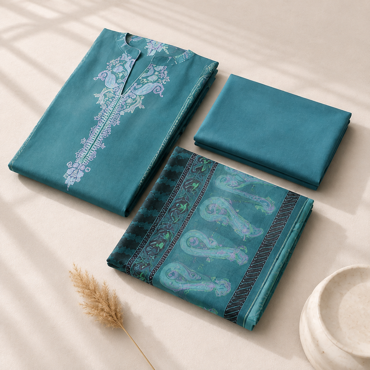 Sulé Premium Teal Digital Printed Lawn Unstitched 3 Piece Suit with Printed Voile Dupatta & Dyed Cambric Trouser