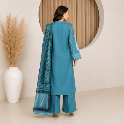 Sulé Premium Teal Digital Printed Lawn Unstitched 3 Piece Suit with Printed Voile Dupatta & Dyed Cambric Trouser