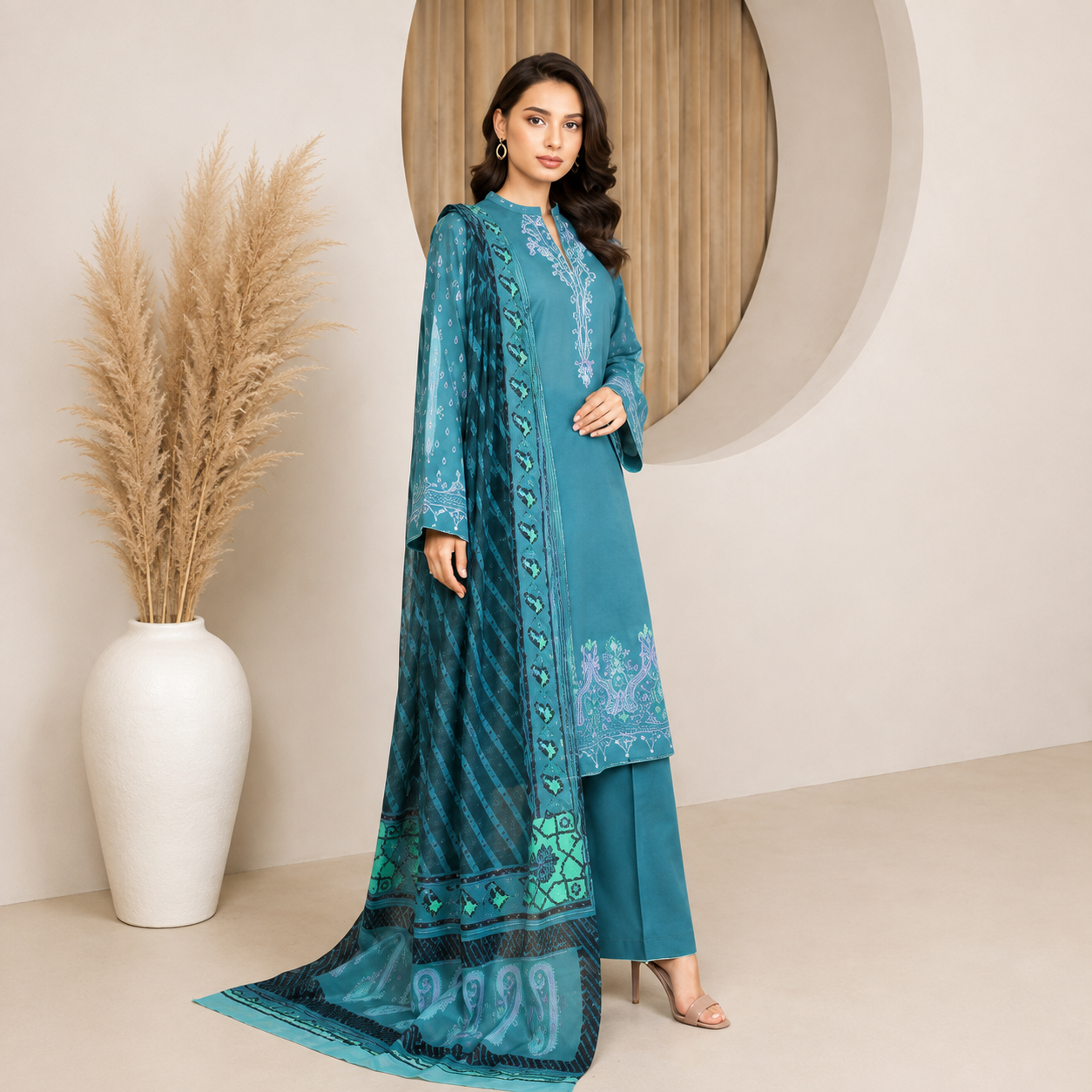 Sulé Premium Teal Digital Printed Lawn Unstitched 3 Piece Suit with Printed Voile Dupatta & Dyed Cambric Trouser