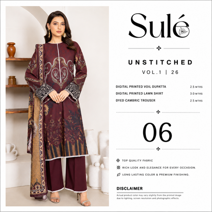 Sulé Premium Burgundy 3 Piece Unstitched Printed Lawn Suit - Design 06