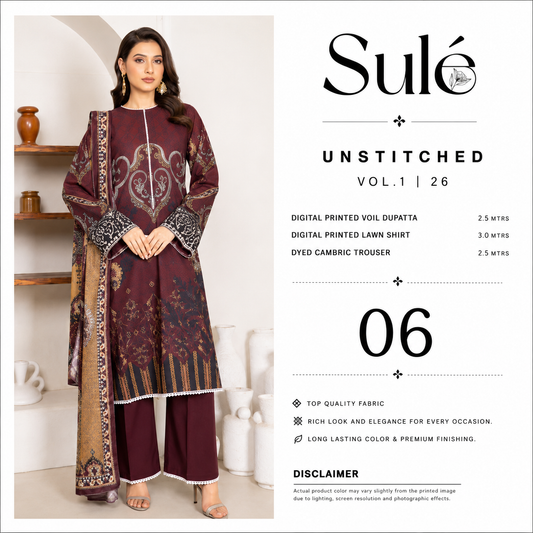 Sulé Premium Burgundy 3 Piece Unstitched Printed Lawn Suit - Design 06