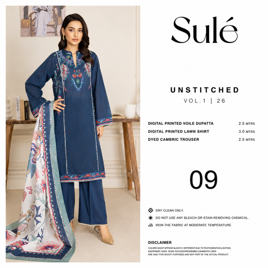 Sulé Premium Navy Blue 3 Piece Unstitched Printed Lawn Suit – Design No. 009