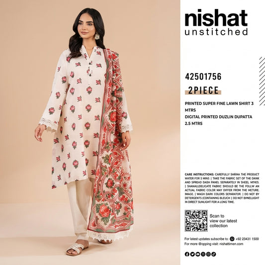 Nishat Unstitched 2-Piece Printed Super Fine Lawn Suit with Digital Printed Duzlin Dupatta (Shirt &amp; Dupatta)