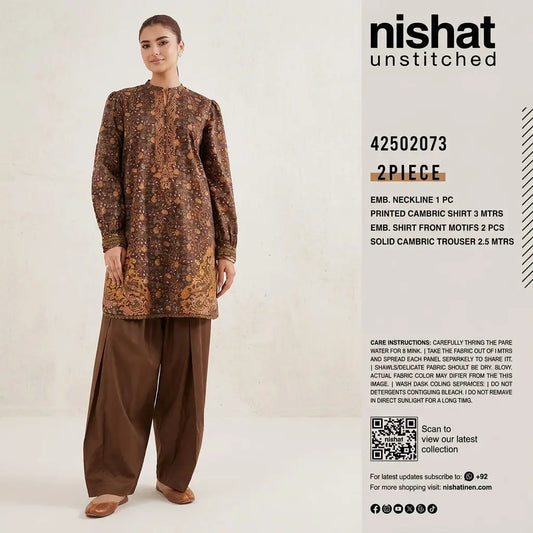 Nishat Unstitched 2-Piece Embroidered Printed Cambric Suit (Shirt &amp; Solid Cambric Trouser)