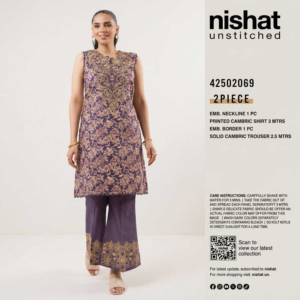 Nishat Unstitched 2-Piece Embroidered Printed Cambric Suit (Shirt &amp; Solid Cambric Trouser)