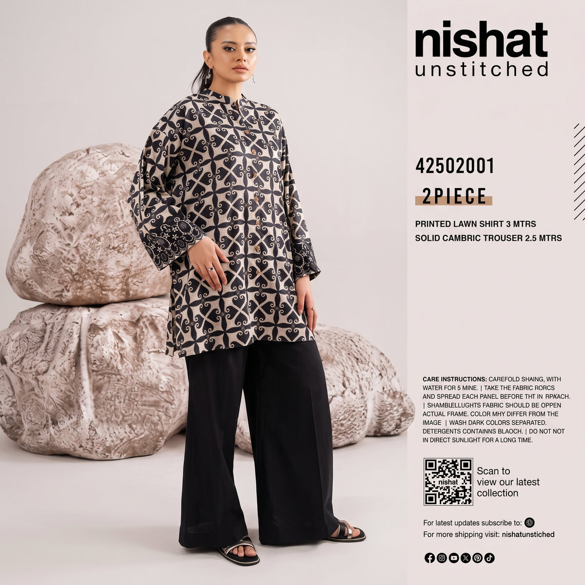 Nishat Unstitched 2-Piece Printed Lawn Suit (Shirt &amp; Solid Cambric Trouser)