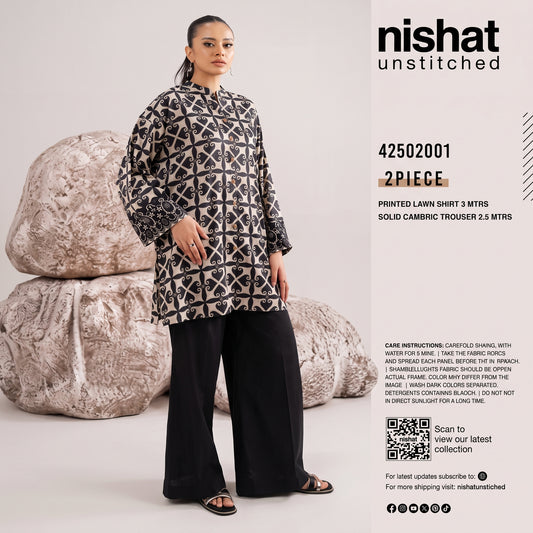 Nishat Unstitched 2-Piece Printed Lawn Suit (Shirt &amp; Solid Cambric Trouser)