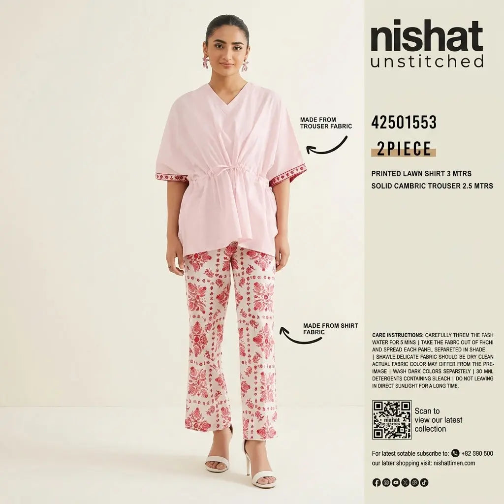 Nishat Unstitched 2-Piece Printed Lawn Suit (Shirt &amp; Solid Cambric Trouser)