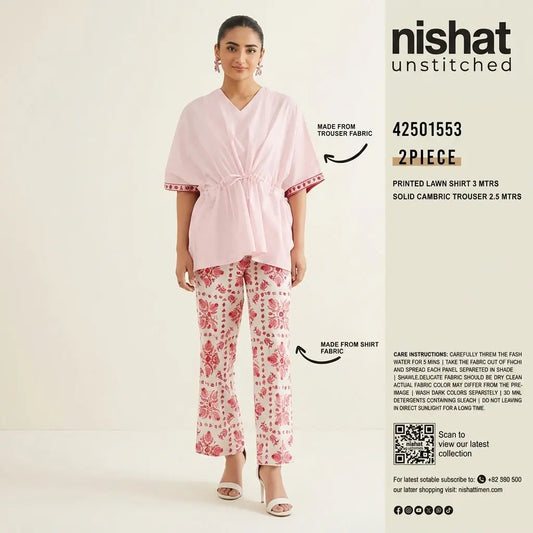 Nishat Unstitched 2-Piece Printed Lawn Suit (Shirt &amp; Solid Cambric Trouser)