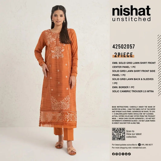 Nishat Unstitched 2-Piece Embroidered Solid Grid Lawn Suit (Shirt & Solid Cambric Trouser)