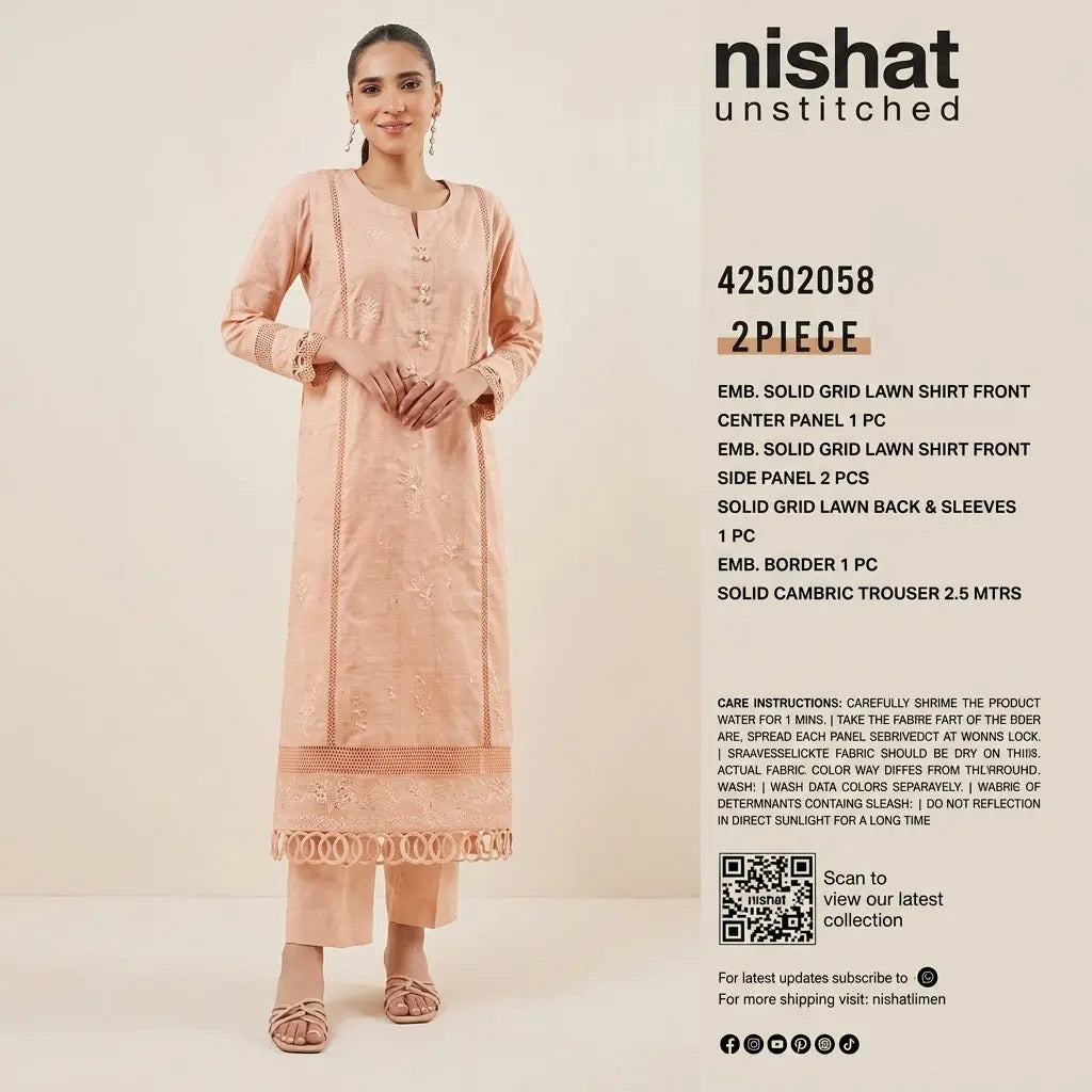 Nishat Unstitched 2-Piece Embroidered Solid Grid Lawn Suit (Shirt &amp; Solid Cambric Trouser)