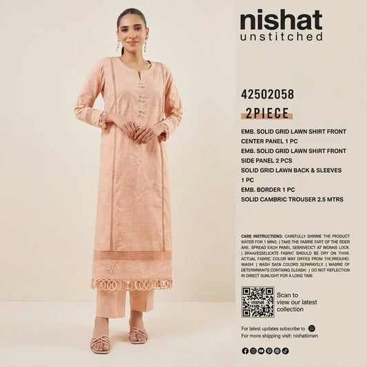 Nishat Unstitched 2-Piece Embroidered Solid Grid Lawn Suit (Shirt &amp; Solid Cambric Trouser)